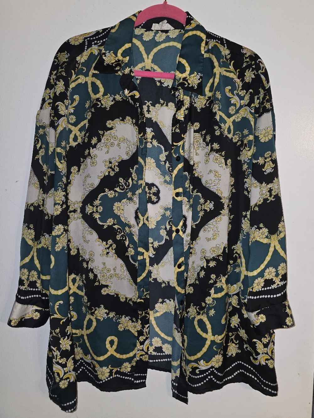 Sandy & Sid - Satin Style Button Up Blouse - Green, Black & Gold Baroque